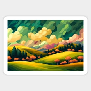 Abstract landscape with hills and trees and cloudy sky. Sticker